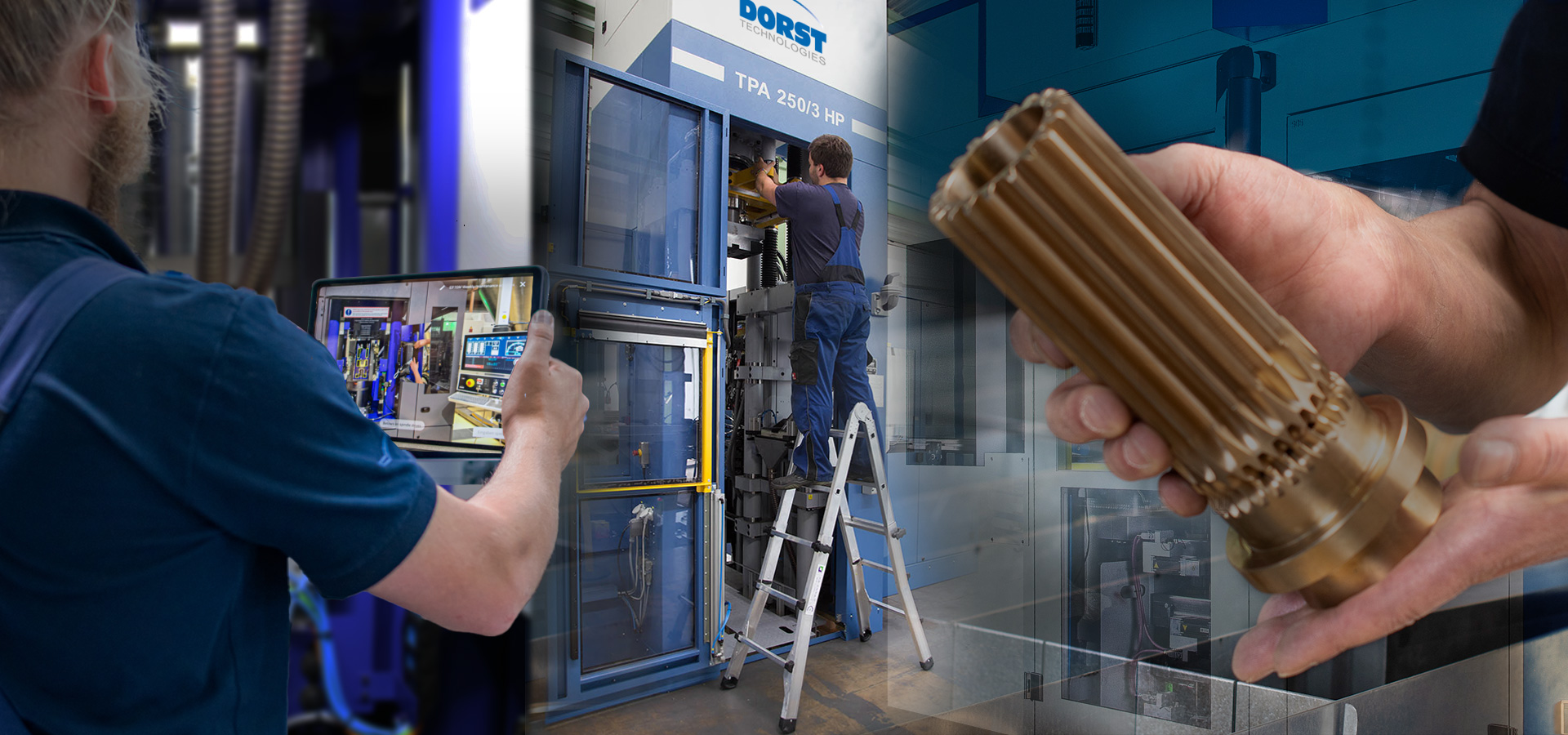 DORST employees servicing TPA 250/3 HP press with tablet and carbide compacts